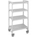 A white plastic Cambro Camshelving® Premium mobile shelving unit with four shelves.