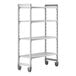 A white metal Cambro Camshelving® Premium mobile shelving unit with four shelves.