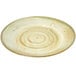 A close-up of a white Carlisle round melamine charger plate with a spiral design.