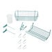 A teal wire basket and rack with hooks.