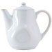 A white Tuxton china teapot with a lid and a white handle.