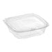 A clear plastic tamper-resistant, tamper-evident hinged food container with a flat lid.