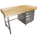 An Advance Tabco wood top baker's table with a galvanized base and right-side drawers.