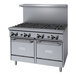 A stainless steel Garland commercial gas range with 8 burners.