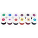 A variety pack of Wilton gel food coloring bottles in a row with different colored liquids.