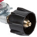 A Backyard Pro rubber gas hose with a metal nozzle and a red and black gas regulator connection.