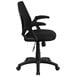 A black Flash Furniture office chair with wheels, arms, and a mesh back.