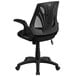 A black office chair with a mesh back and wheels.