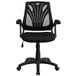 A black office chair with arms and a mesh back.