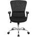 A black Flash Furniture office chair with black mesh and chrome base with wheels.