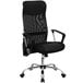 A Flash Furniture black mesh office chair with arms and wheels on a white background.