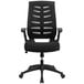 A black office chair with mesh back and flip-up arms.