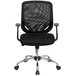 A Flash Furniture black mesh office chair with wheels and arms.