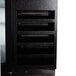 A black Beverage-Air back bar refrigerator with glass doors and metal shelves.