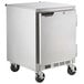 A stainless steel Beverage-Air undercounter freezer on wheels.