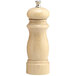 A wooden pepper mill with a silver top.
