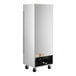 A stainless steel, single-section reach-in refrigerator with a glass door and casters.