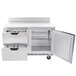 A stainless steel Beverage-Air worktop freezer with two drawers and a door open.