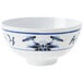 A white GET melamine bowl with blue and white water lily designs.