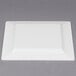 A white rectangular object with a gray border, a Fineline Silver Splendor white square plate with silver bands.
