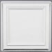 A white square plastic plate with silver bands.