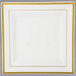 A Fineline Silver Splendor white plastic square plate with gold bands.