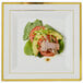 A Fineline white plastic square plate with gold bands holding a salad with avocado and meat.