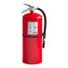 A red Badger Advantage fire extinguisher with a hose and wall bracket.