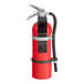 A red Badger Advantage fire extinguisher with a black hose and vehicle bracket.