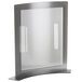 A silver metal frame with a clear plastic display case and a white door.