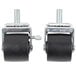 A pair of Master-Bilt swivel stem casters with black rubber wheels and nuts on them.