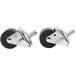 A Master-Bilt caster assembly with two black and white wheels with nuts on them.