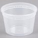 A translucent Pactiv deli container with a white lid.