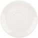 A white saucer with a wide rim and a circular design.