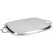 A silver stainless steel Vollrath oblong serving tray with handles.