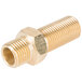 A brass threaded male fitting with a gold metal bolt and nut.