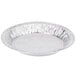 A round silver aluminum foil pie pan with a circular edge.