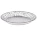 A close-up of a round silver D&W Fine Pack foil pie pan.