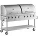 A Backyard Pro stainless steel outdoor grill with wheels and knobs.