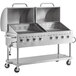 A Backyard Pro stainless steel outdoor grill with two burners, a lid, and two doors on a counter.