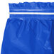 A blue plastic table skirt with a white stripe along the bottom edge.