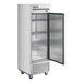 A stainless steel True reach-in freezer with a solid door.