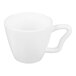 A bright white porcelain cappuccino cup with a unique handle design.