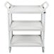 A white Rubbermaid three shelf utility cart with wheels.