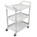 A white Rubbermaid three shelf utility cart with wheels.