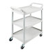 A white Rubbermaid utility cart with three shelves and wheels.