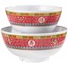 A stack of GET Dynasty Longevity melamine bowls with oriental designs on them.