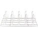 A white metal rack with hooks and spikes for 10 birds.