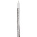 A close up of a silver metal fish skewer with a white background.