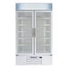 A white Beverage-Air MarketMax glass door refrigerator with shelves.